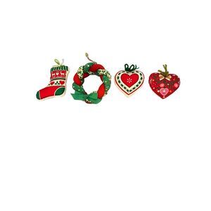 Set of 4 Vintage 70s Handmade Stuffed Christmas Ornaments Stocking Wreath‎ Heart
